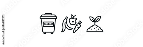 Compost process symbols with bin, food waste, and growing plant