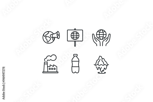 Environment icons: earth, megaphone, hands, factory, bottle, melting ice