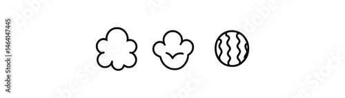 Minimalist black and white popcorn icons: classic, caramel, watermelon flavors