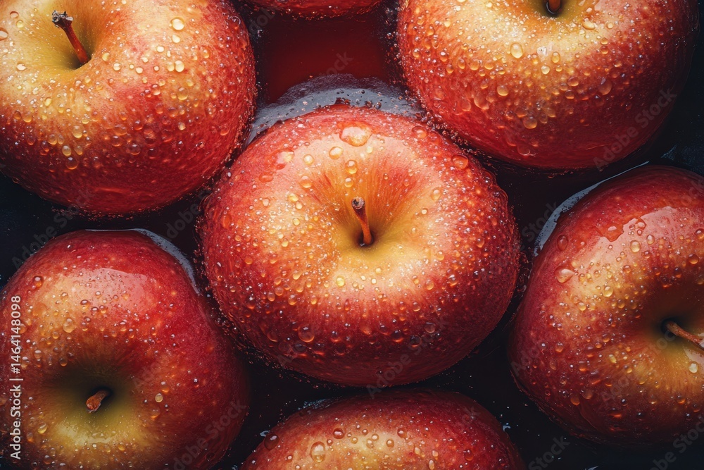 Close up view of several red apples covered in water droplets filling the entire frame nicely Close up view of several red apples covered in water droplets filling the entire frame nicely