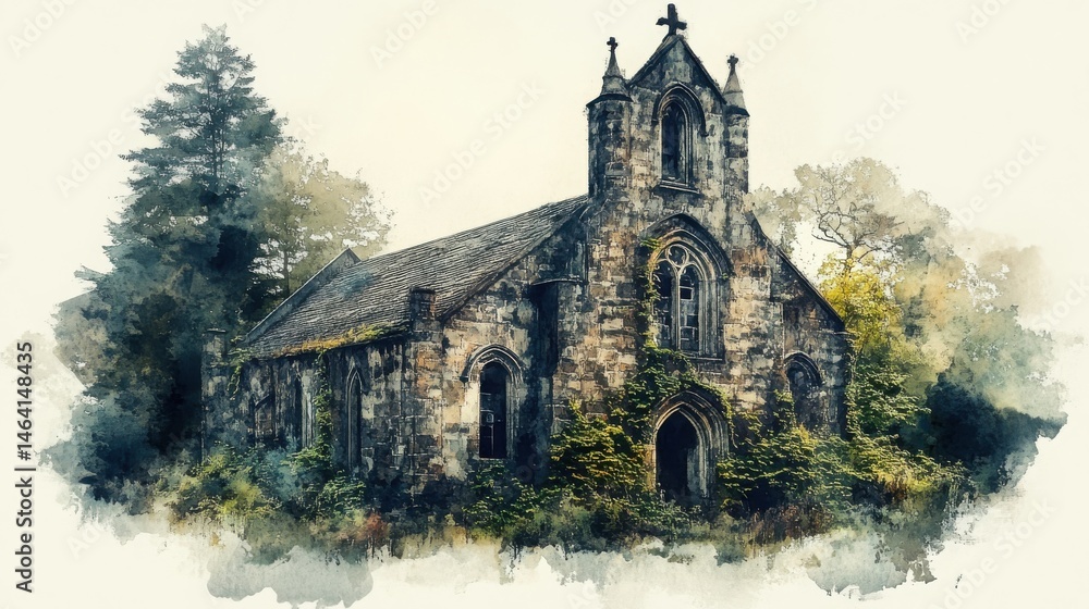 An old, abandoned stone church stands surrounded by overgrown vegetation and trees, exuding a mysterious, tranquil atmosphere in a forested setting.
