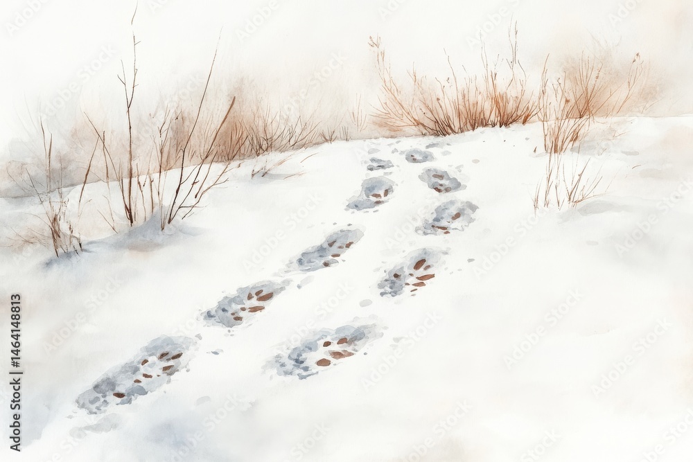 Two sets of animal tracks cross a snowy landscape with sparse dry bushes.