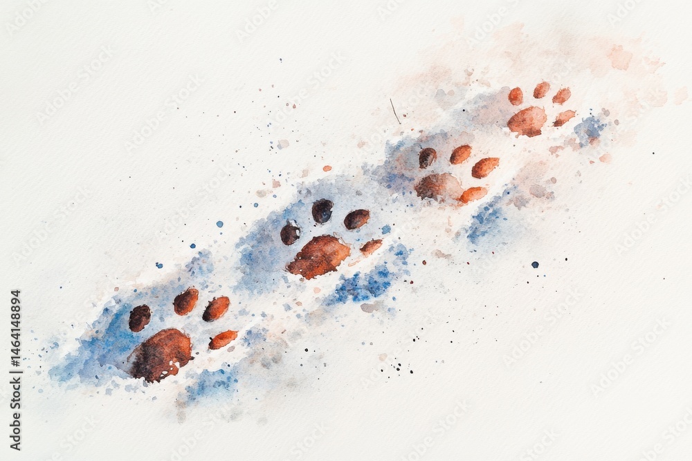 Watercolor painting of animal paw prints in blue and brown hues on a white background, evoking a sense of movement and nature.