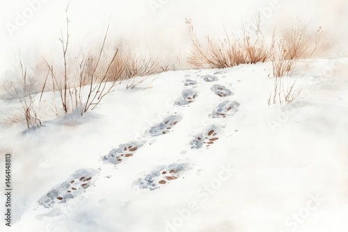 Obraz na płótnie Two sets of animal tracks cross a snowy landscape with sparse dry bushes. w salonie