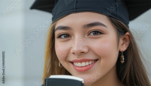 smiling young female college student wearing square academic cap and holding book, isolated on transparent background