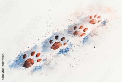 Watercolor painting of animal paw prints in blue and brown hues on a white background, evoking a sense of movement and nature.
