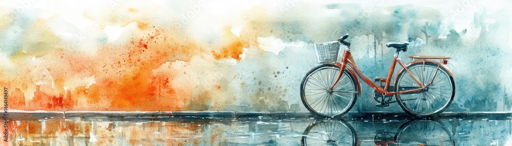 Watercolor painting of a vintage bicycle with a basket, reflected on a wet surface, with a colorful abstract background.