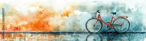 Obraz na płótnie Watercolor painting of a vintage bicycle with a basket, reflected on a wet surface, with a colorful abstract background. w salonie