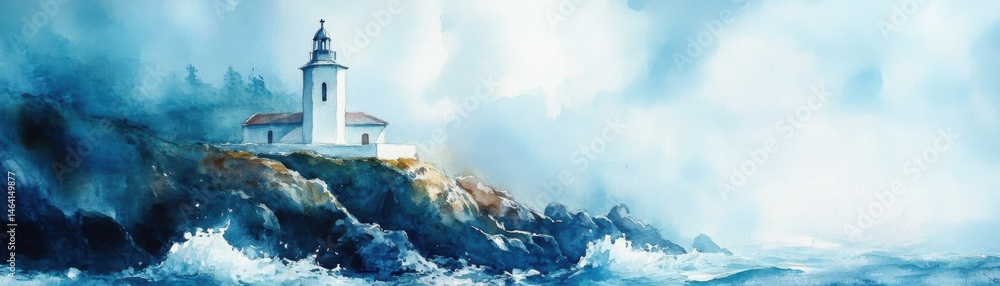 A lighthouse stands on a rocky cliff overlooking crashing ocean waves under a misty, blue sky.