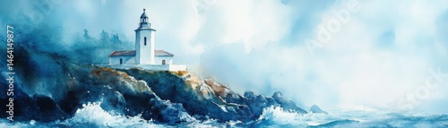 Obraz na płótnie A lighthouse stands on a rocky cliff overlooking crashing ocean waves under a misty, blue sky. w salonie