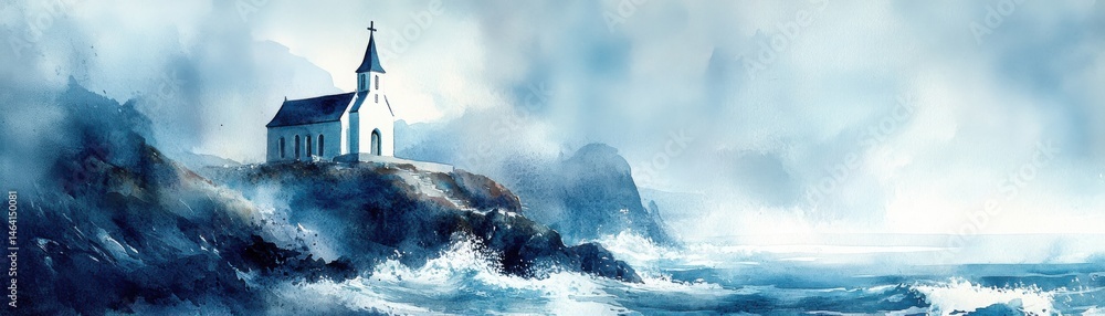 A small church stands on a rocky cliff overlooking a stormy sea, surrounded by mist and crashing waves in a serene, blue-toned landscape.