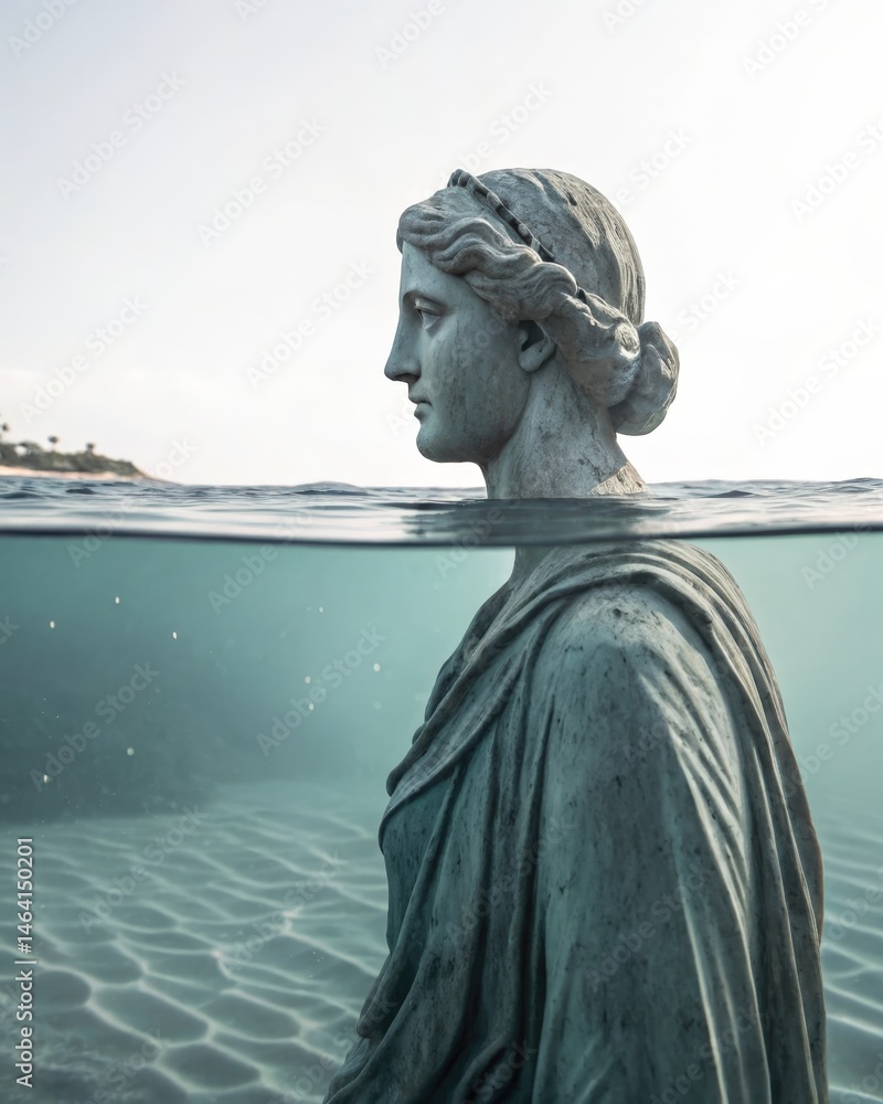 A submerged statue in clear water with only part of it visible symbolizing the hidden depths of the psyche and the journey to bring the unconscious to light.