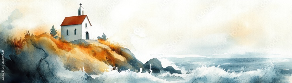 A small church stands on a rocky cliff overlooking a turbulent ocean, with waves crashing below and a soft sky above.