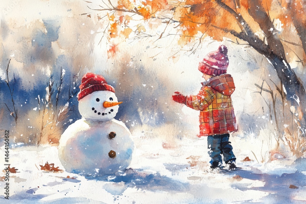 A child in winter clothes stands by a snowman under autumn trees, with snow gently falling around them.