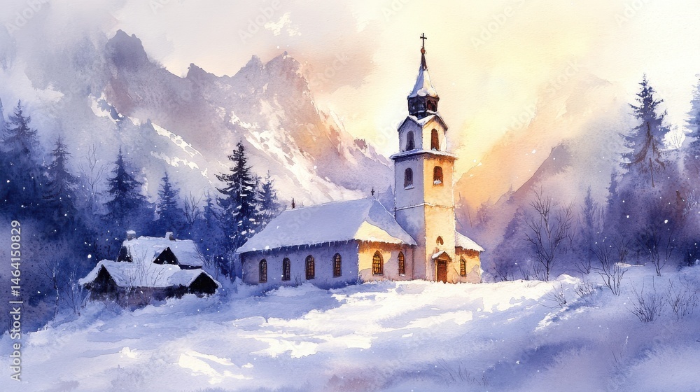 A snow-covered church stands peacefully among pine trees and mountains at sunrise in a winter landscape.