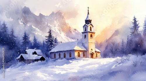 A snow-covered church stands peacefully among pine trees and mountains at sunrise in a winter landscape.