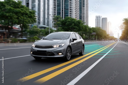 Sleek modern sedan driving through an urban landscape with reflective skyscrapers and advanced technology highlighting the innovative aspects of transportation and mobility solutions