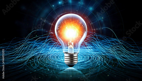 A glowing lightbulb, radiating energy and surrounded by swirling blue digital streams, represents innovation, technology, and new ideas.