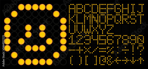 Yellow dot matrix LED font alphabet, number and symbol set. Digital scoreboard style with glowing circular lamps. Vector 