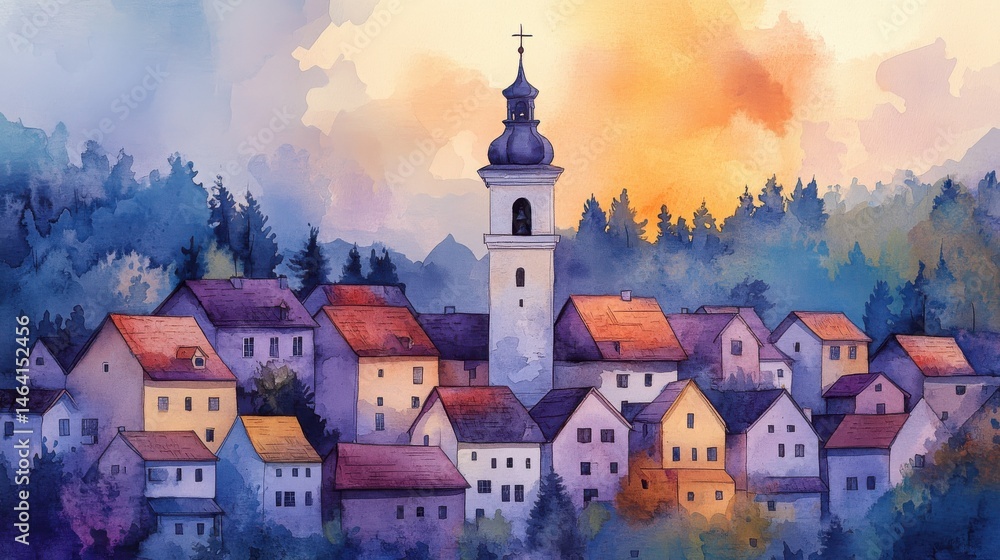 A watercolor village scene with colorful rooftops, a central church tower, and a forest backdrop at sunset.