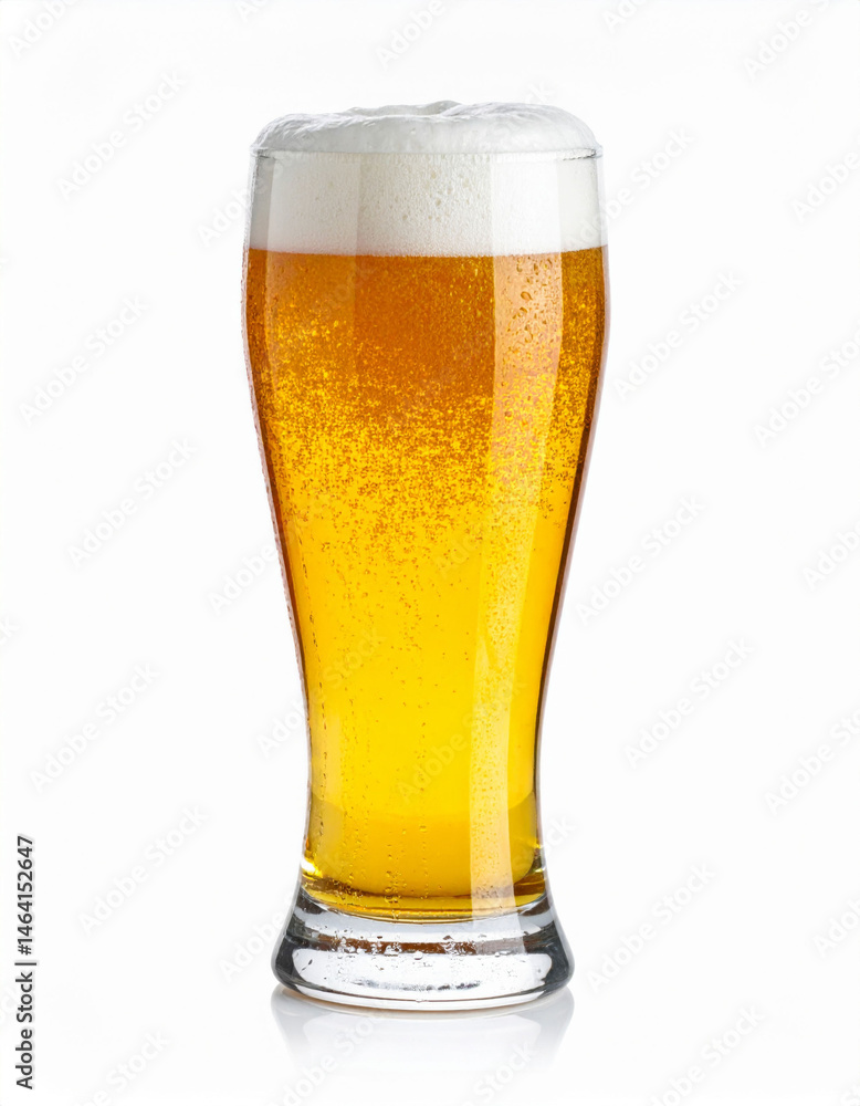 Refreshing light beer pouring into glass with bubbles on white background Refreshing light beer pouring into glass with bubbles on white background