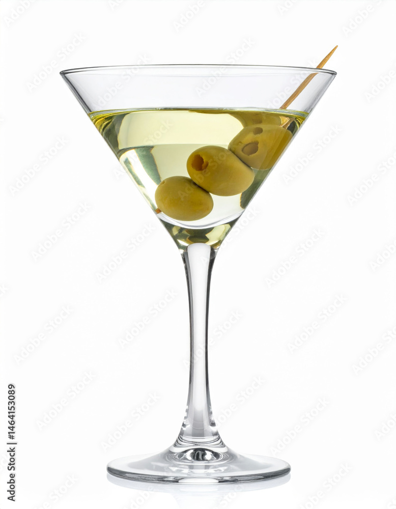 Classic martini cocktail with green olives and cocktail pin on white background Classic martini cocktail with green olives and cocktail pin on white background
