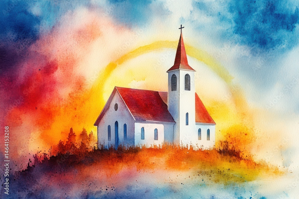 A white church with a red roof stands on a hill, surrounded by vibrant, colorful skies in a watercolor painting.