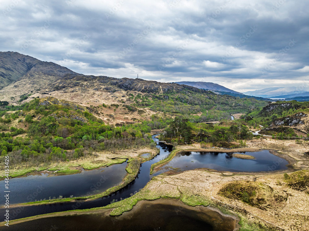 Loch Shiel from a drone, Glenfinnan, River Finnan, West Highland, Scotland