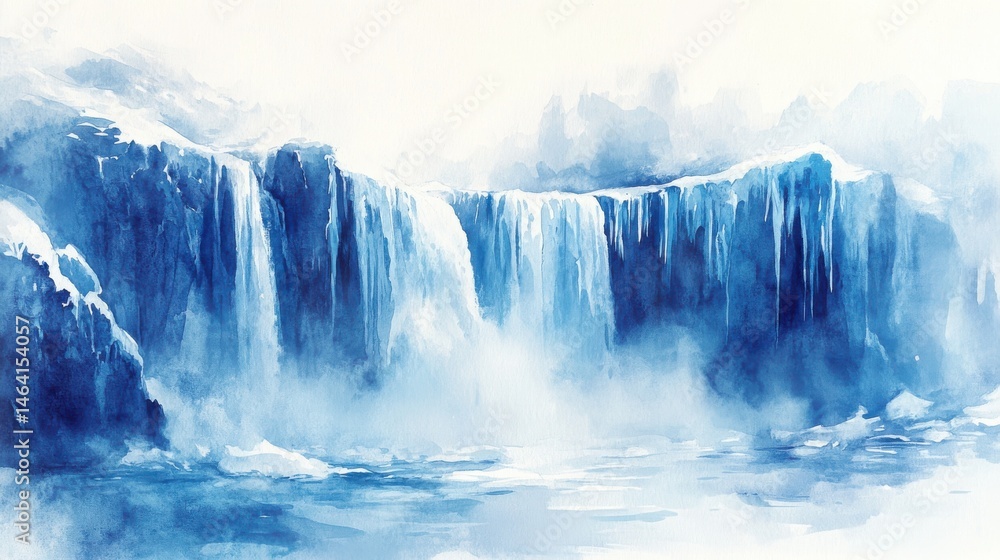 A serene watercolor painting of icy waterfalls cascading into a misty, frozen landscape.