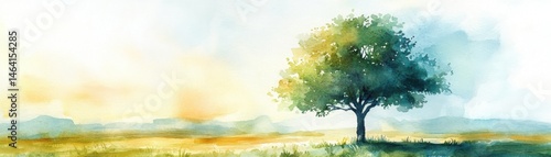 Obraz na płótnie A lone tree stands in a sunlit field, painted in vibrant watercolor tones with a serene sky in the background. w salonie
