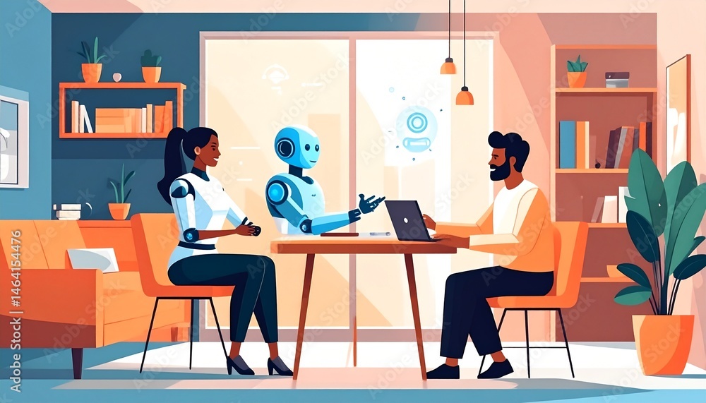 Modern Woman and Man Meeting AI Robot Discussing Future Technology at Home Modern Woman and Man Meeting AI Robot Discussing Future Technology at Home