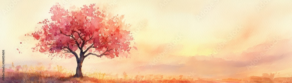 A lone tree with vibrant pink foliage stands in a serene field at sunrise, painted in soft watercolor tones.