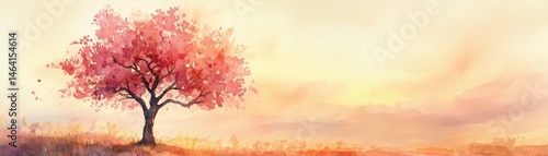Obraz na płótnie A lone tree with vibrant pink foliage stands in a serene field at sunrise, painted in soft watercolor tones. w salonie