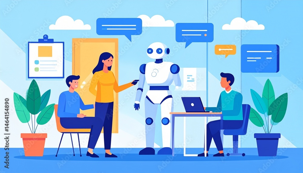 Team Collaboration with AI Robot in Modern Office Space People working together using technology Team Collaboration with AI Robot in Modern Office Space People working together using technology
