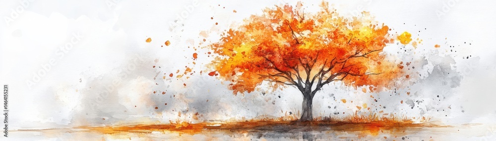 A vibrant watercolor painting of a tree with bright orange foliage, standing alone in a serene, abstract landscape.