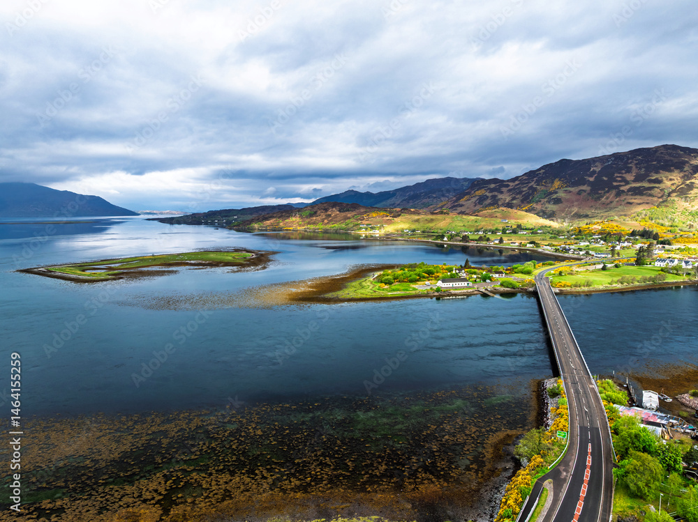 Loch Long Bridge or Dornie New Bridge from a drone, Loch Long River, Highlands, Scotland, England