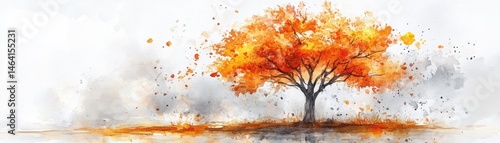 Obraz na płótnie A vibrant watercolor painting of a tree with bright orange foliage, standing alone in a serene, abstract landscape. w salonie