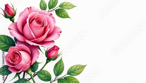 Intricate watercolor roses, lush leaves, blooming buds, floral, painting, textile