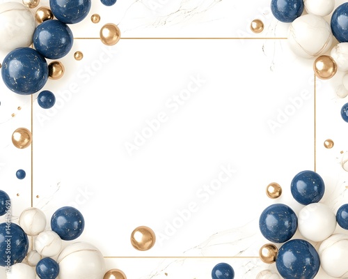 Elegant navy and gold spheres frame a white space