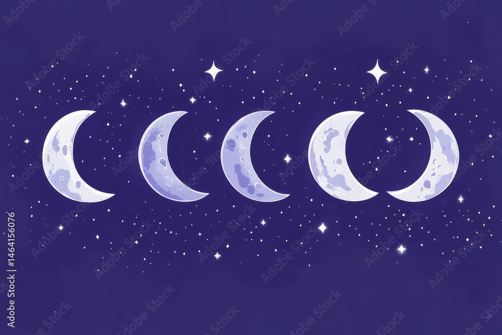 Naklejka premium Sleep cycle infographic featuring moon phases in lavender and midnight blue, illustrating the connection between sleep stages and lunar cycles.