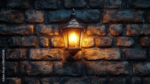 Warm Glowing Lantern on an Old Stone Wall at Night lantern old stone wall night lamp light glow dark