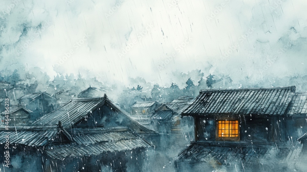 Traditional rooftops under heavy rain, one warmly lit window contrasts with the cool, misty atmosphere of the scene.