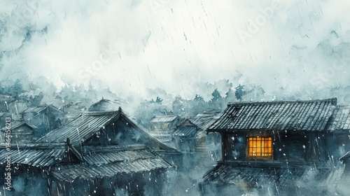 Obraz na płótnie Traditional rooftops under heavy rain, one warmly lit window contrasts with the cool, misty atmosphere of the scene. w salonie