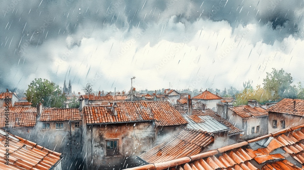 Rain falls over a town with red-tiled rooftops and cloudy skies, creating a moody, atmospheric scene.