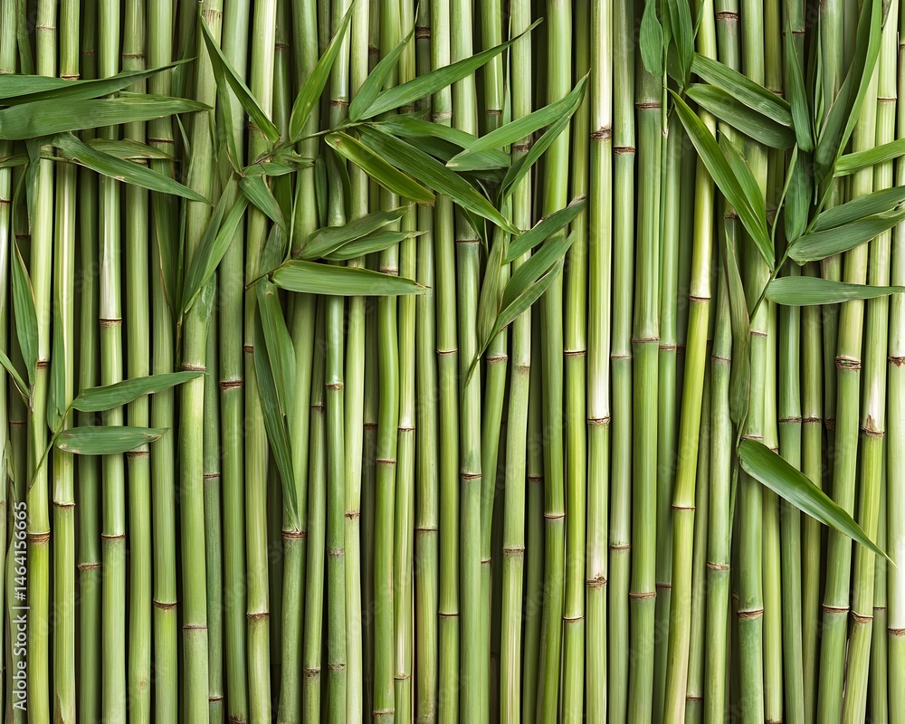 Fototapeta premium Lush green bamboo stalks and leaves create a dense, textured backdrop