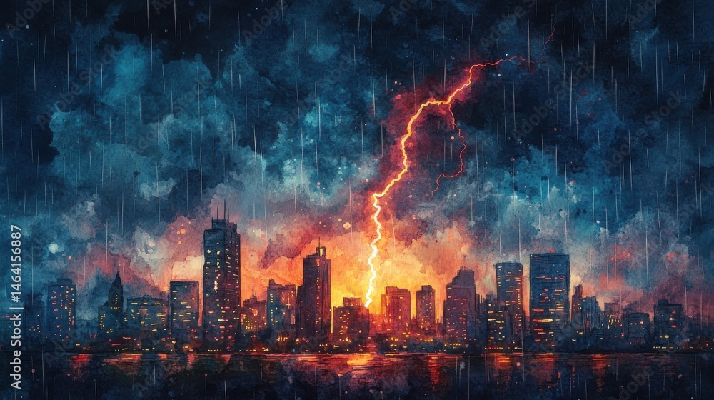 A vibrant city skyline under a dramatic thunderstorm, with lightning striking and rain pouring down, reflecting on the water below.