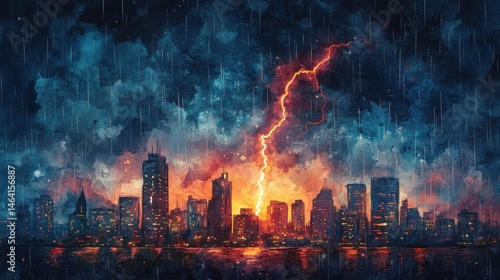 Obraz na płótnie A vibrant city skyline under a dramatic thunderstorm, with lightning striking and rain pouring down, reflecting on the water below. w salonie