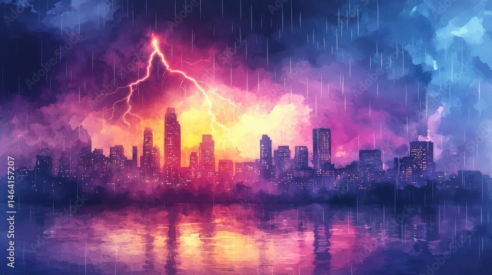 A vibrant city skyline at night with dramatic lightning striking through colorful storm clouds, reflected in a river below.