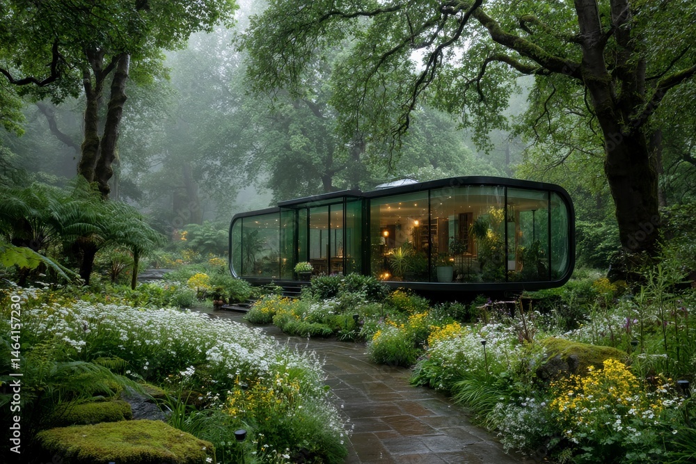 Naklejka premium Vibrant Glass Home Nestled in Lush Garden Surrounded by Nature