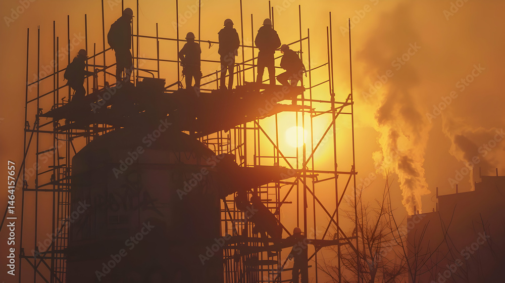 Sunset Silhouette Construction Workers on Scaffolding transparent background